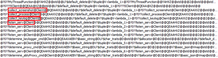 Screenshot with four in-memory strings highlighted