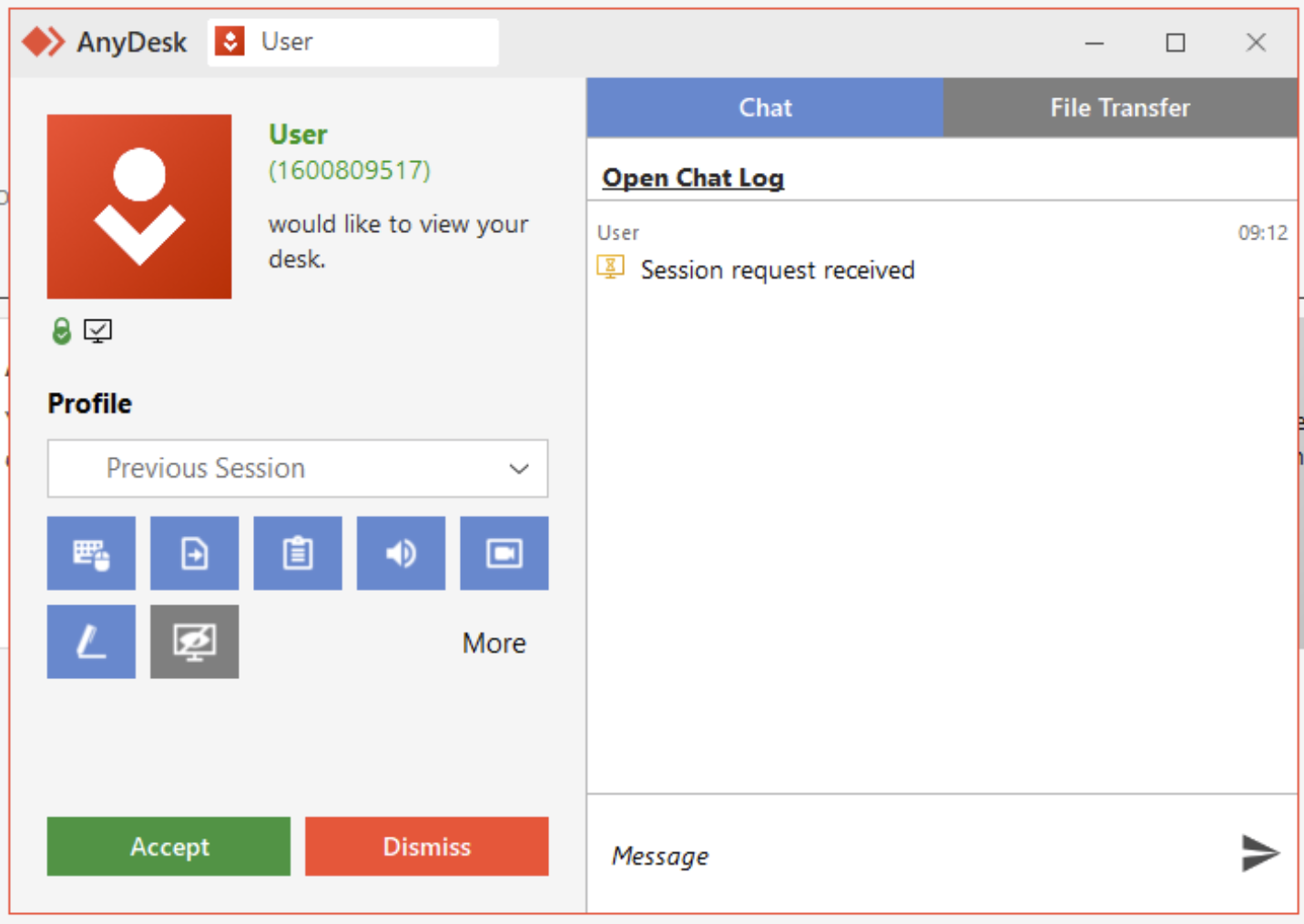 A screen capture showing a normal-appearing chat screen in Anydesk