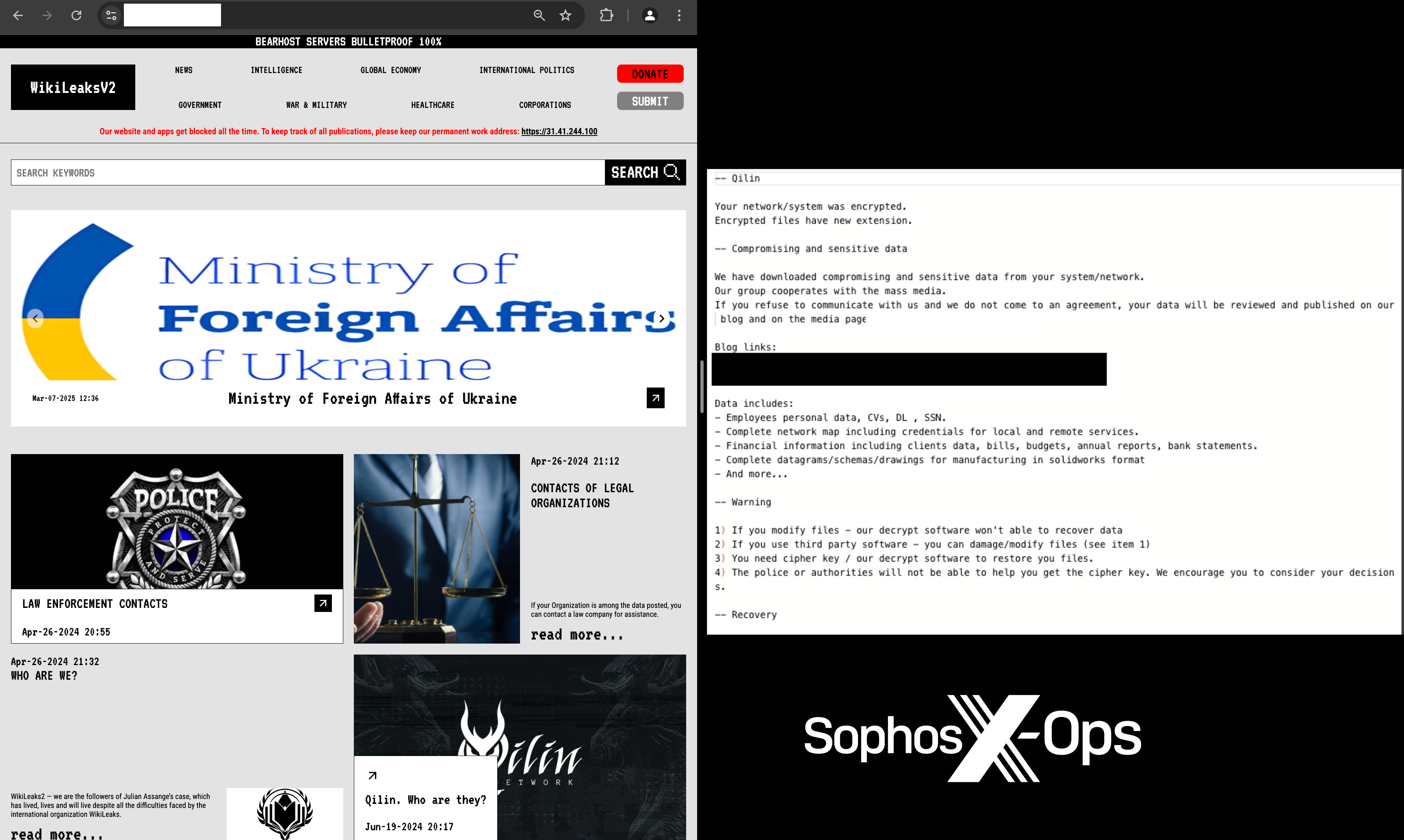 A screenshot of the WikiLeaksV2 web site used by the Qilin RaaS group.