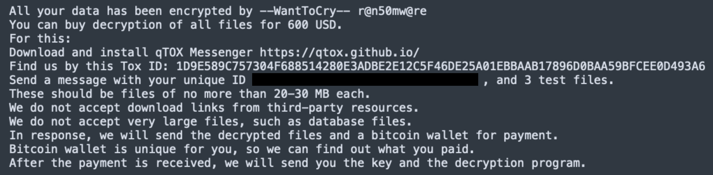 Screenshot of sample WantToCry ransom note