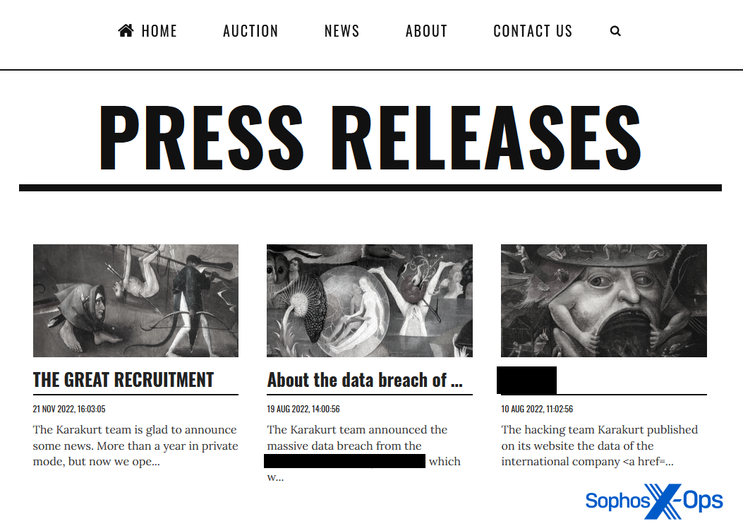 A screenshot of a ransomware leak site. There are three press releases listed, with banner graphics of black-and-white art
