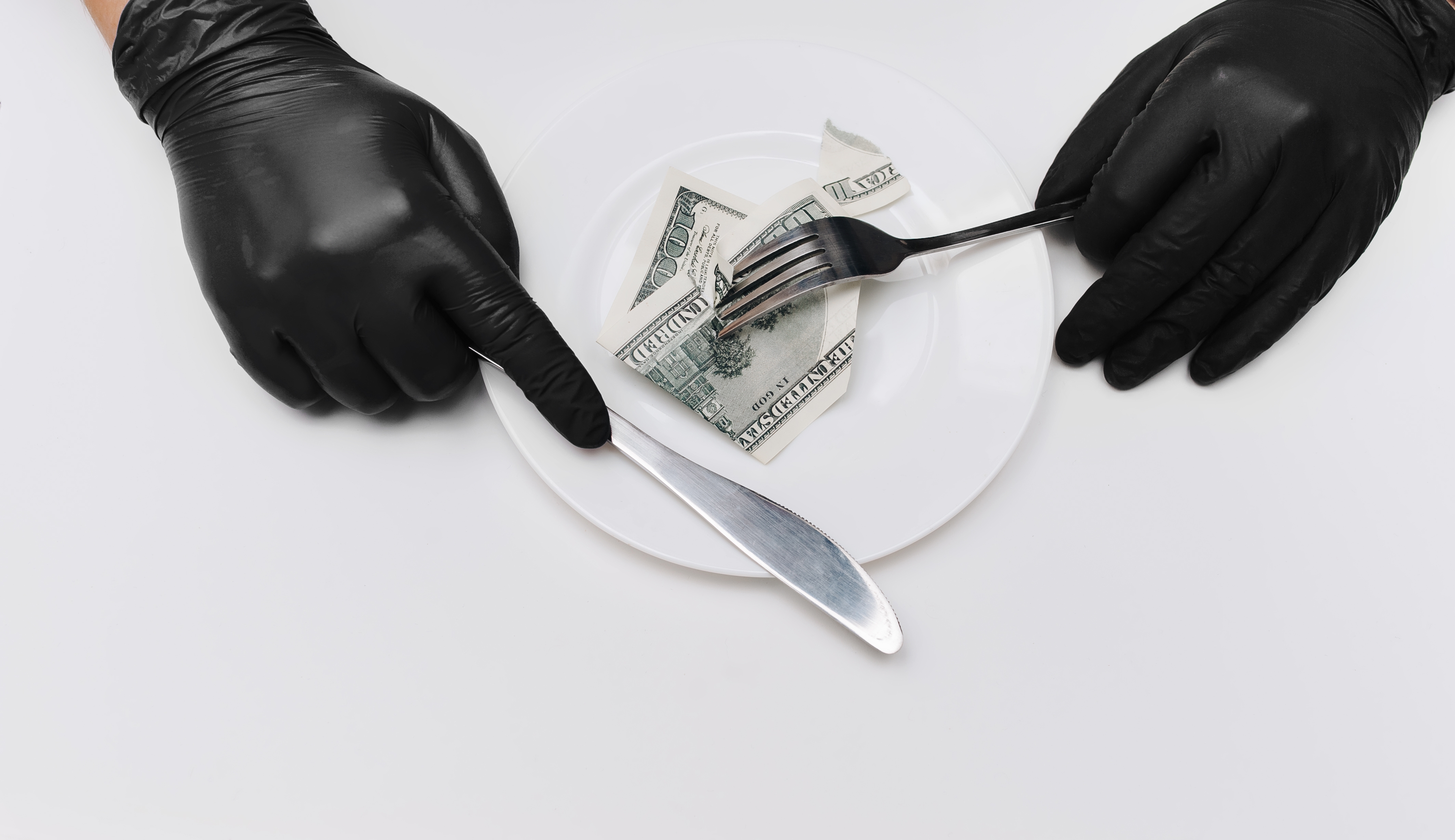 Business,Lunch,Concept.,Two,Thief’s,Hands,In,Black,Gloves,Hold