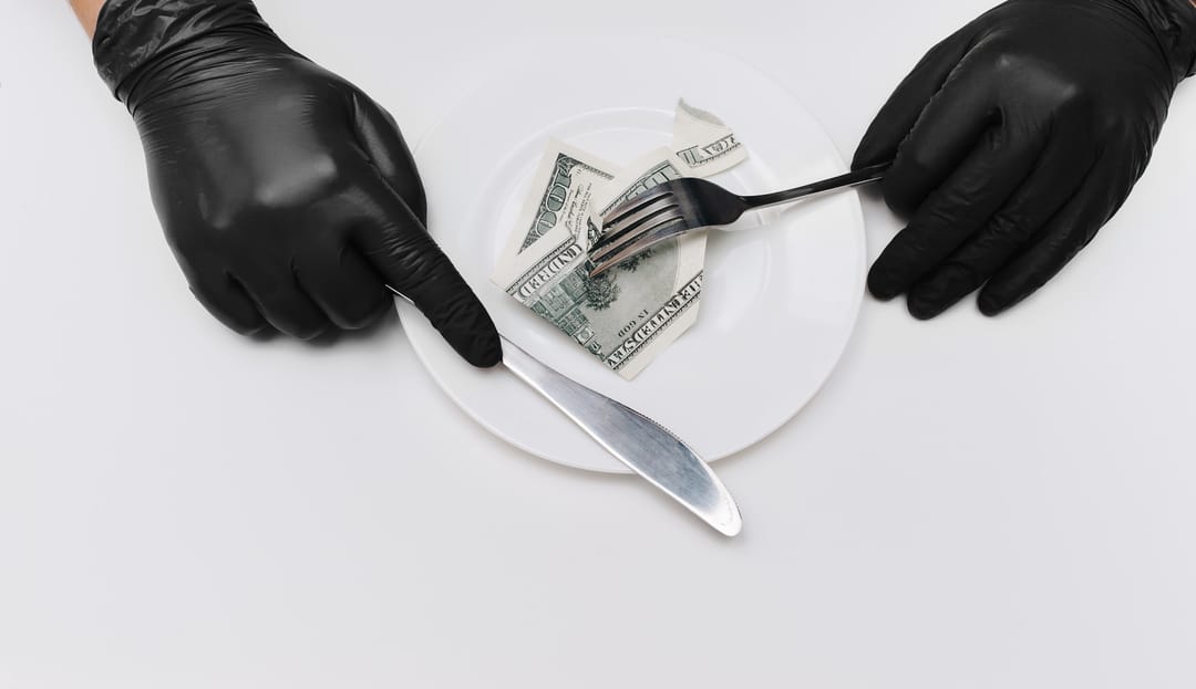 Business,Lunch,Concept.,Two,Thief’s,Hands,In,Black,Gloves,Hold
