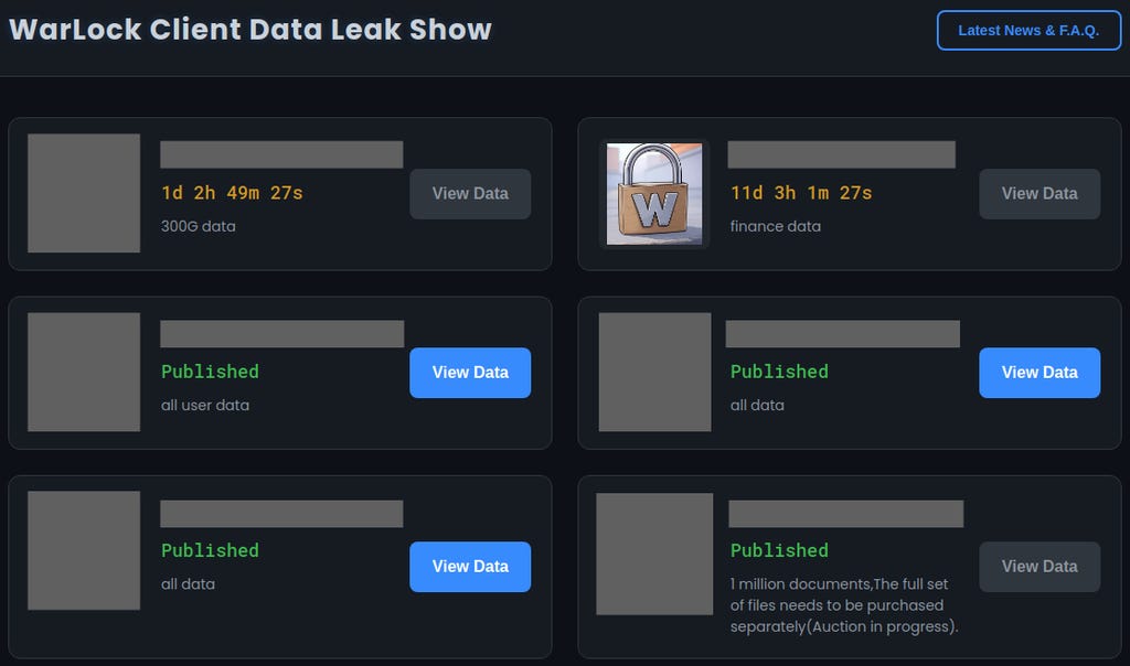 Warlock leak site homepage with victim names redacted Warlock leak site homepage with victim names redacted