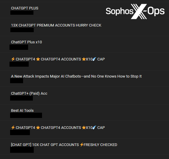 A screenshot of a post on a criminal forum offering ChatGPT accounts for sale