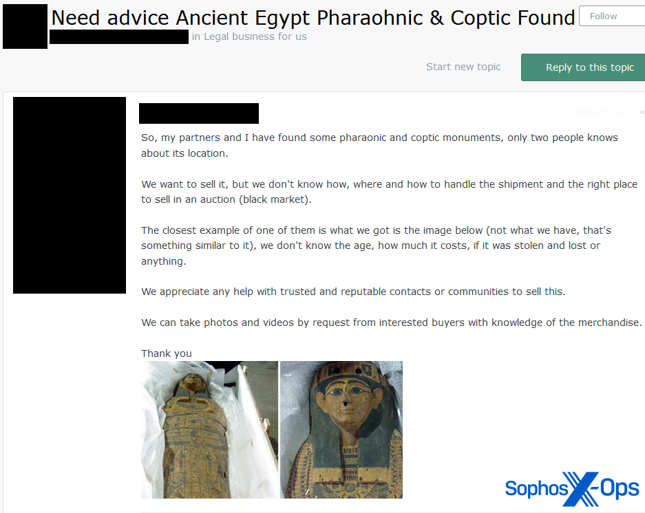 A screenshot of a post on a criminal forum. Two images are attached to the post, showing what appears to be an ancient Egyptian sarcophagus lying on bubblewrap