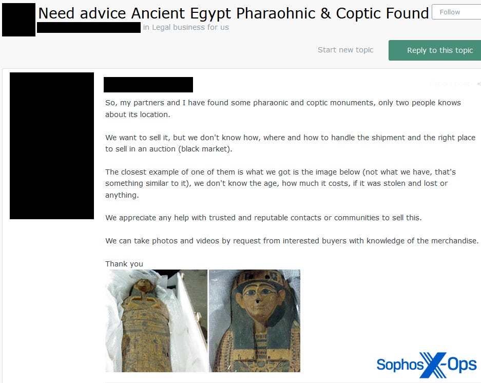 A screenshot of a post on a criminal forum. Two images are attached to the post, showing what appears to be an ancient Egyptian sarcophagus lying on bubblewrap A screenshot of a post on a criminal forum. Two images are attached to the post, showing what appears to be an ancient Egyptian sarcophagus lying on bubblewrap