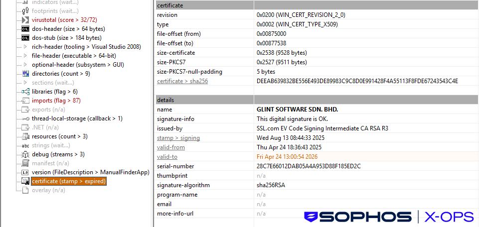 A screenshot showing certificate information for ManualFinderApp.exe A screenshot showing certificate information for ManualFinderApp.exe