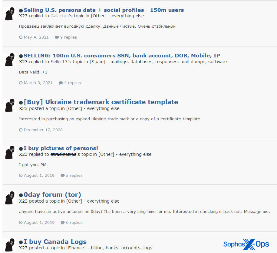 A summary of a user's previous posts in the forum, which show they are interested in buying and selling illicit data