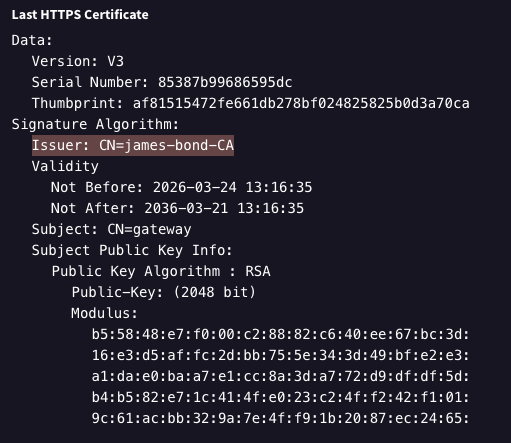Certificate presented by a C2 server used by multiple STAC4749 payloads highlighting the issuer name: CN=james-bond-CA