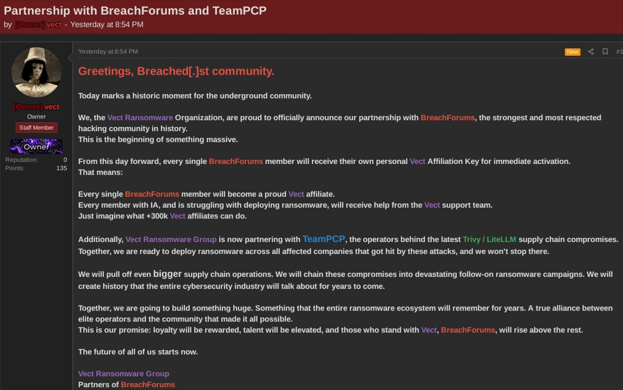 Vect and TeamPCP partner for ransomware campaigns