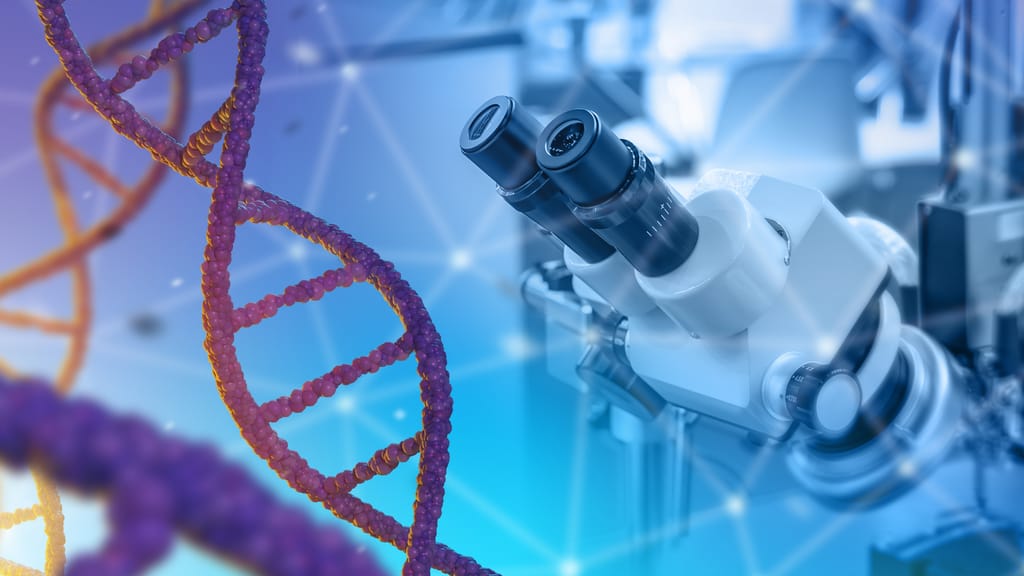 A graphic showing a DNA strands and a microcope A graphic showing a DNA strands and a microcope
