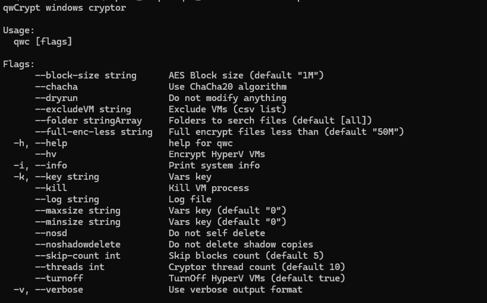 List of usage flags for QWCrypt windows cryptor