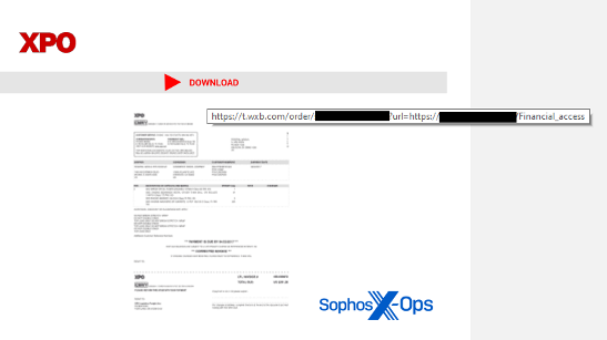 A PDF attachment from a spam message embeds a blurry, unreadable thumbnail of a billing invoice and a link to a website hosting a malicious payload