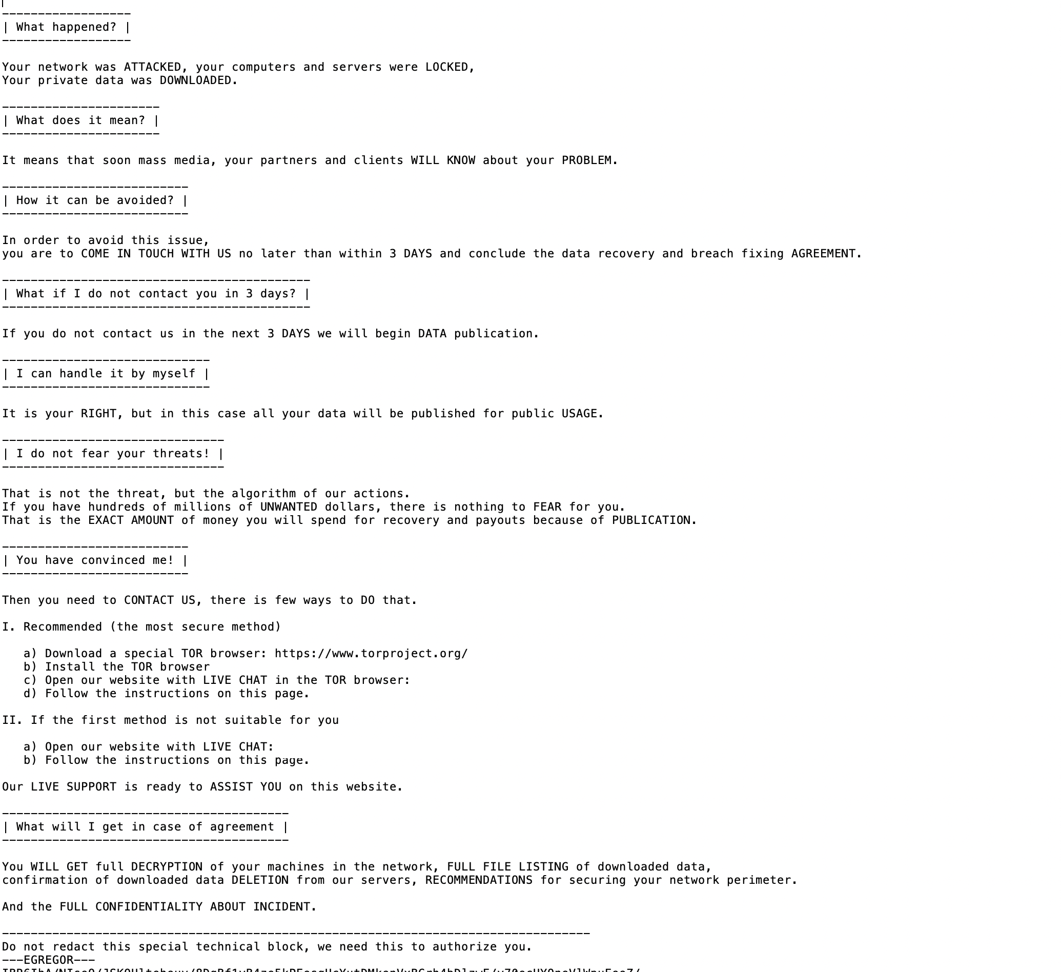 Egregor ransom note