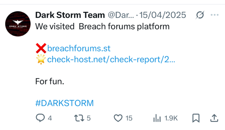 Screenshot of Dark Storm Team post claiming responsibility for the BreachForums takedown