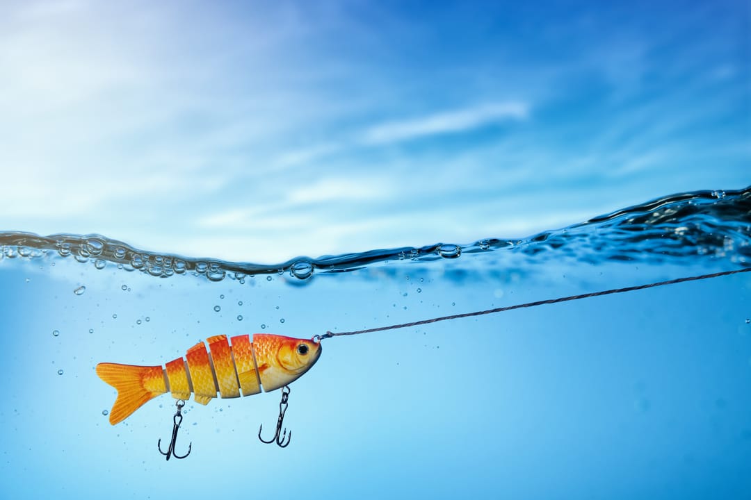 Goldfish,Fishing,Lure,Underwater,On,Blue,Sky,Background.,Copy,Space