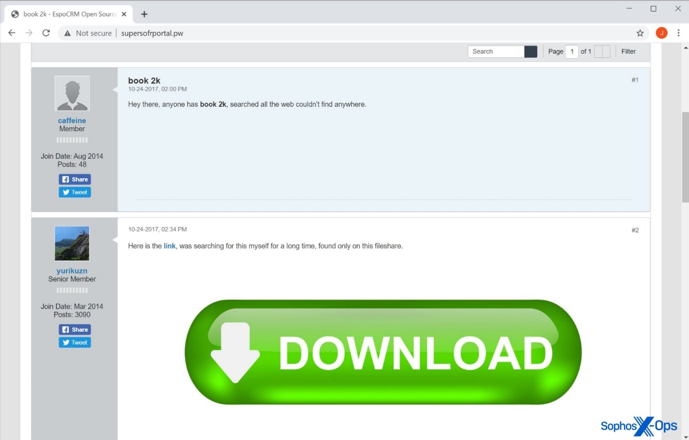 A screenshot of a fake forum, with a post by a user which provides a link and a big green 'Download' button