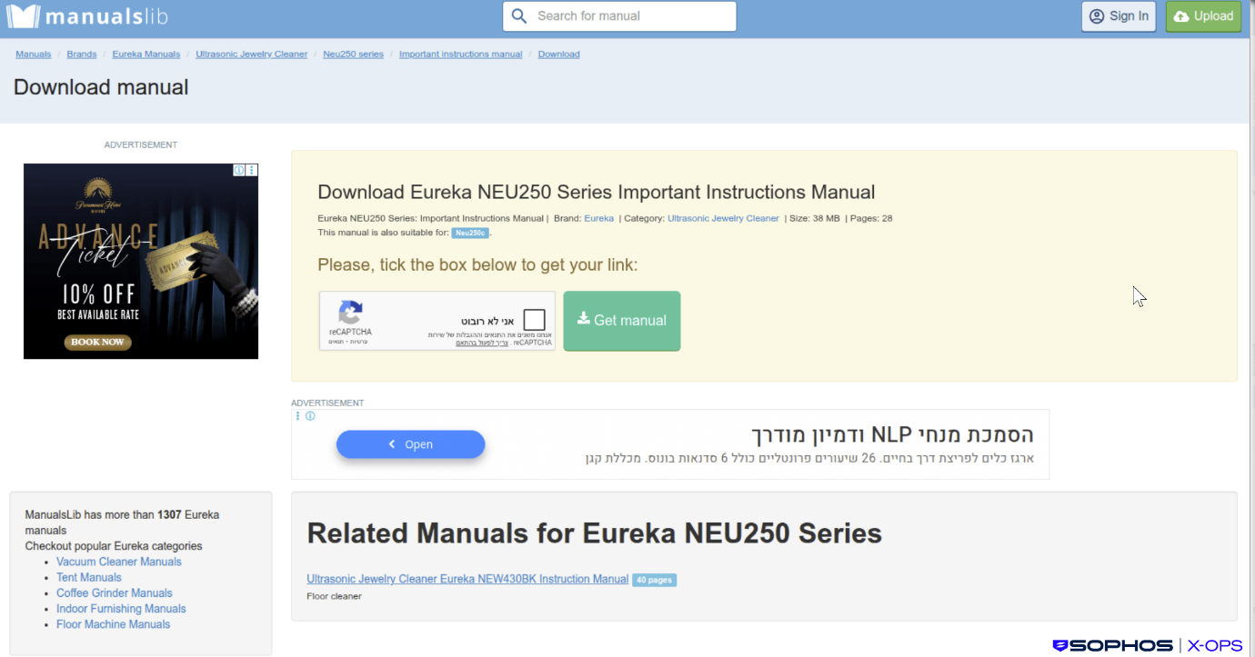 A screenshot of a listing on the ManualsLib website, showing a manual for an NEU250, along with a download link