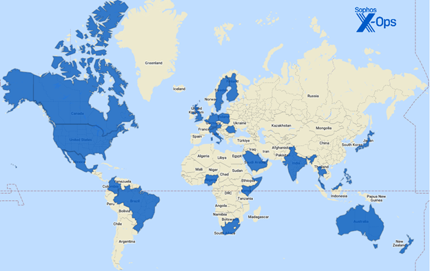 A world map showing the countries in which Sophos IR has been active 2022-1H23; data is also provided in the tables that follow