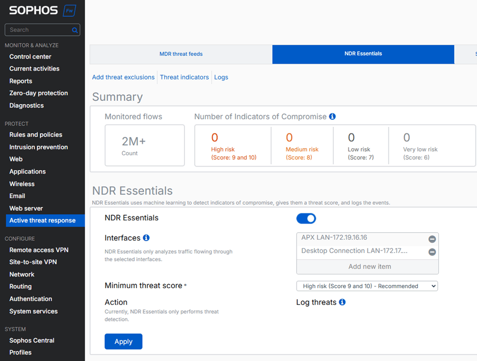 NDR Essentials is easy to set up and use from the Active Threat Response section of the product. NDR Essentials is easy to set up and use from the Active Threat Response section of the product.