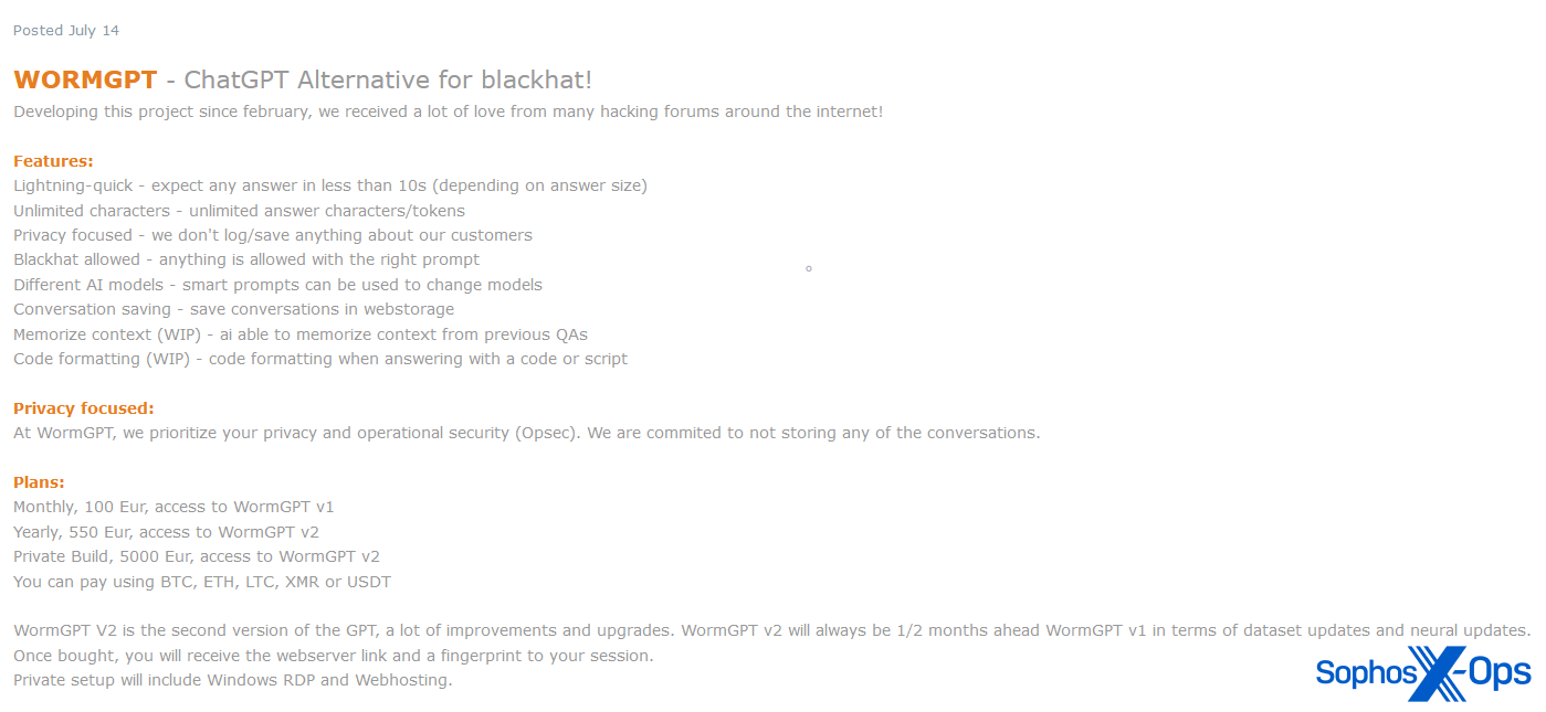 An advert for WormGPT on a criminal forum