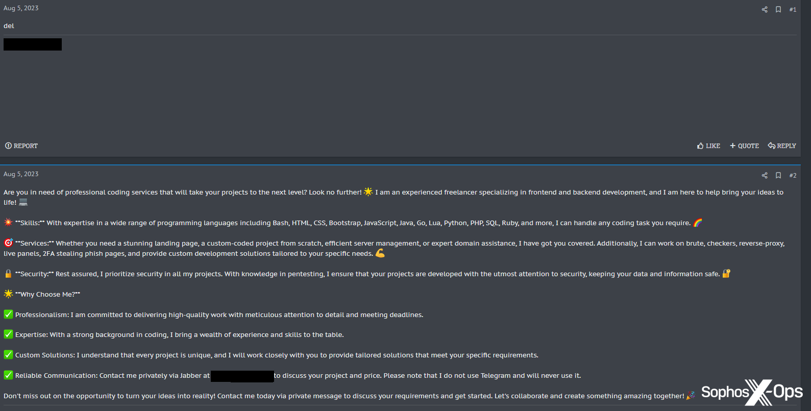 A screenshot of a post on a criminal forum