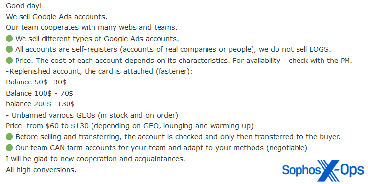 A screenshot from a criminal forum which shows compromised Google Ads accounts for sale