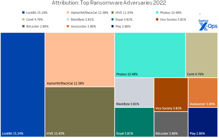 A tree (sheet cake) chart showing ransomware infections handled in 2022