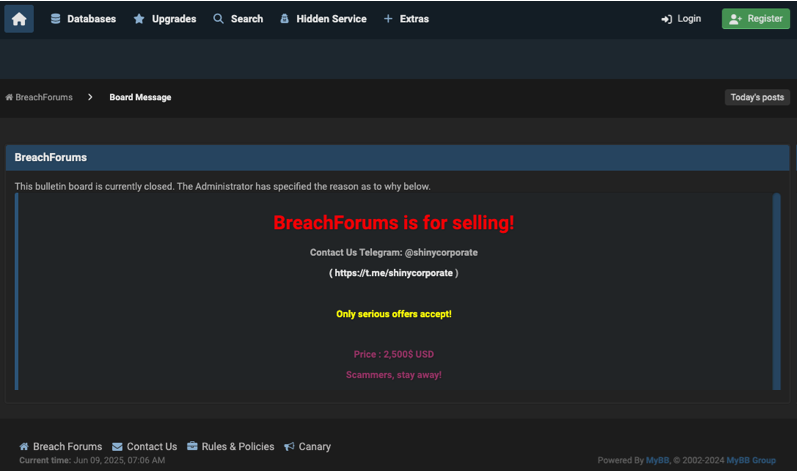 Screenshot of ShinyHunters advertising BreachForums for sale
