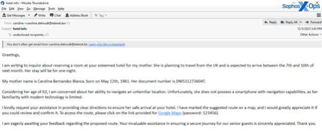 A screenshot of an email to a hotel by a malicious actor posing as a customer.