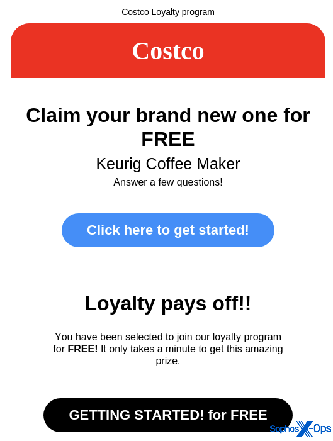 A screenshot of an email taken on a mobile device. The email is imitating a genuine email from Costco and tells the recipient that they have won a prize. There is a blue button in the centre of the email inviting the user to click
