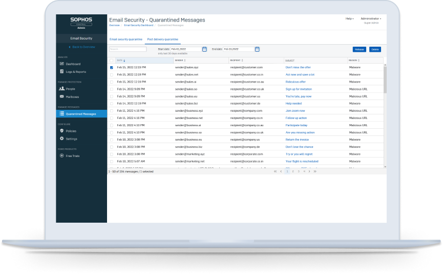 Sophos Email Security cloud-based message quarantine dashboard