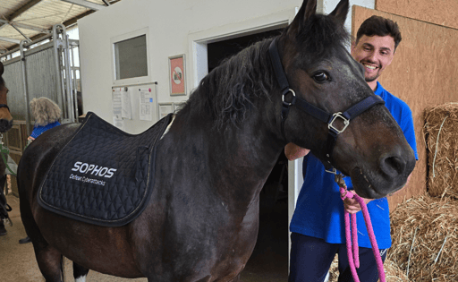 Sophos employee with horse with Sophos-branded saddle Sophos employee with horse with Sophos-branded saddle