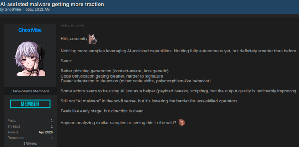 Underground post describing observations of AI-assisted malware