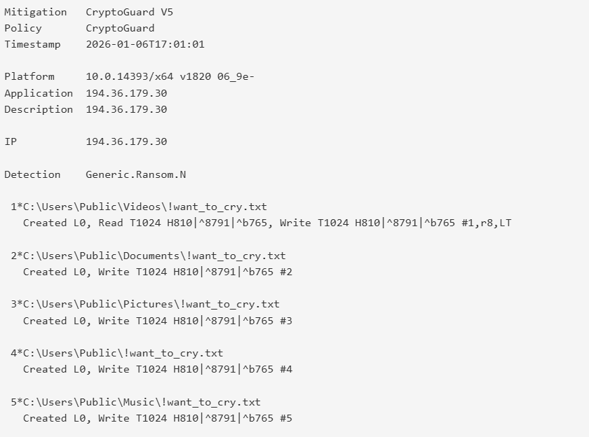 Screenshot of CryptoGuard WantToCry detection involving a device named WIN-J9D866ESIJ2