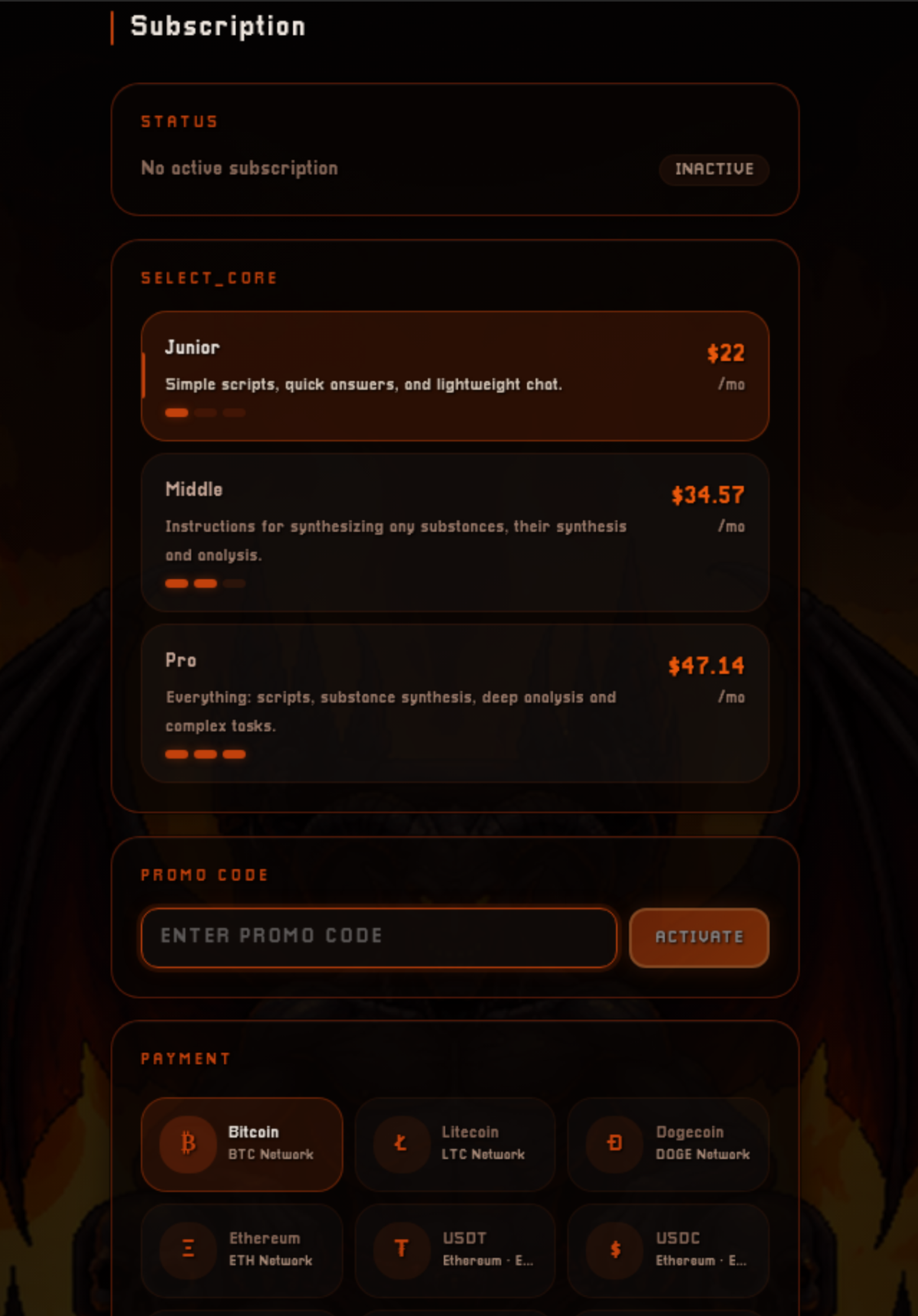 Luciferus web page listing subscription tiers and pricing