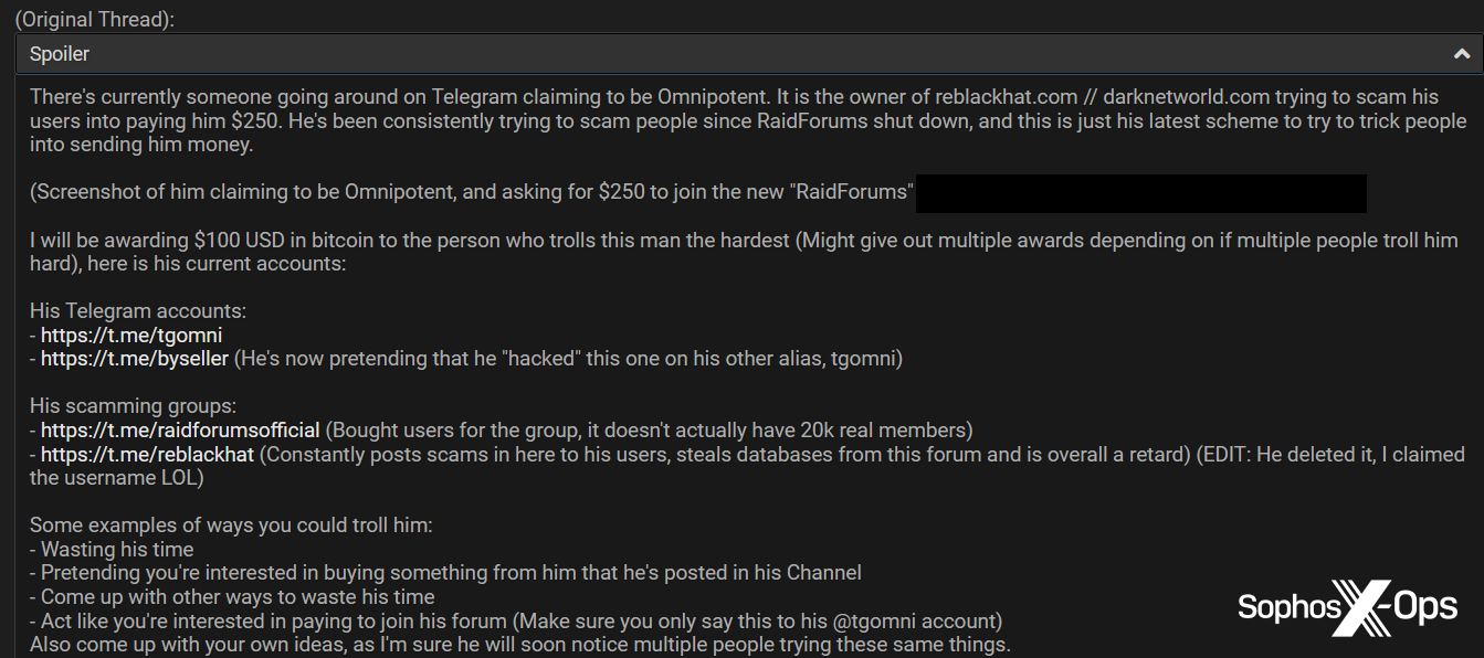詐欺師に嫌がらせをするための招待を投稿し、さまざまな連絡先や嫌がらせのアイデアを提供する管理者