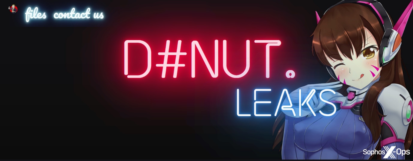 A screenshot of a ransomware leak site. An anime character winks at the camera, and the title and headings on the site are styled to look like neon signs