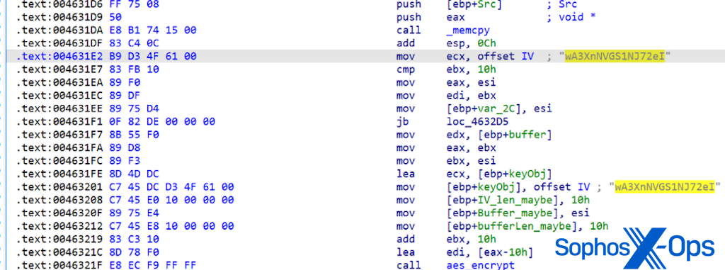 Screen shot of decompiled code, showing initialization vector for encryption