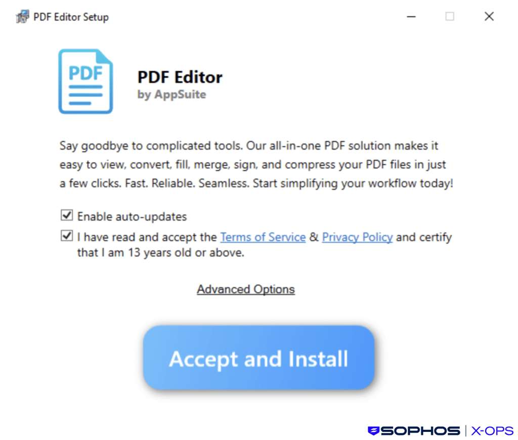 A screenshot from the install process of the PDF Editor, with a big ‘Accept and Install’ button A screenshot from the install process of the PDF Editor, with a big ‘Accept and Install’ button