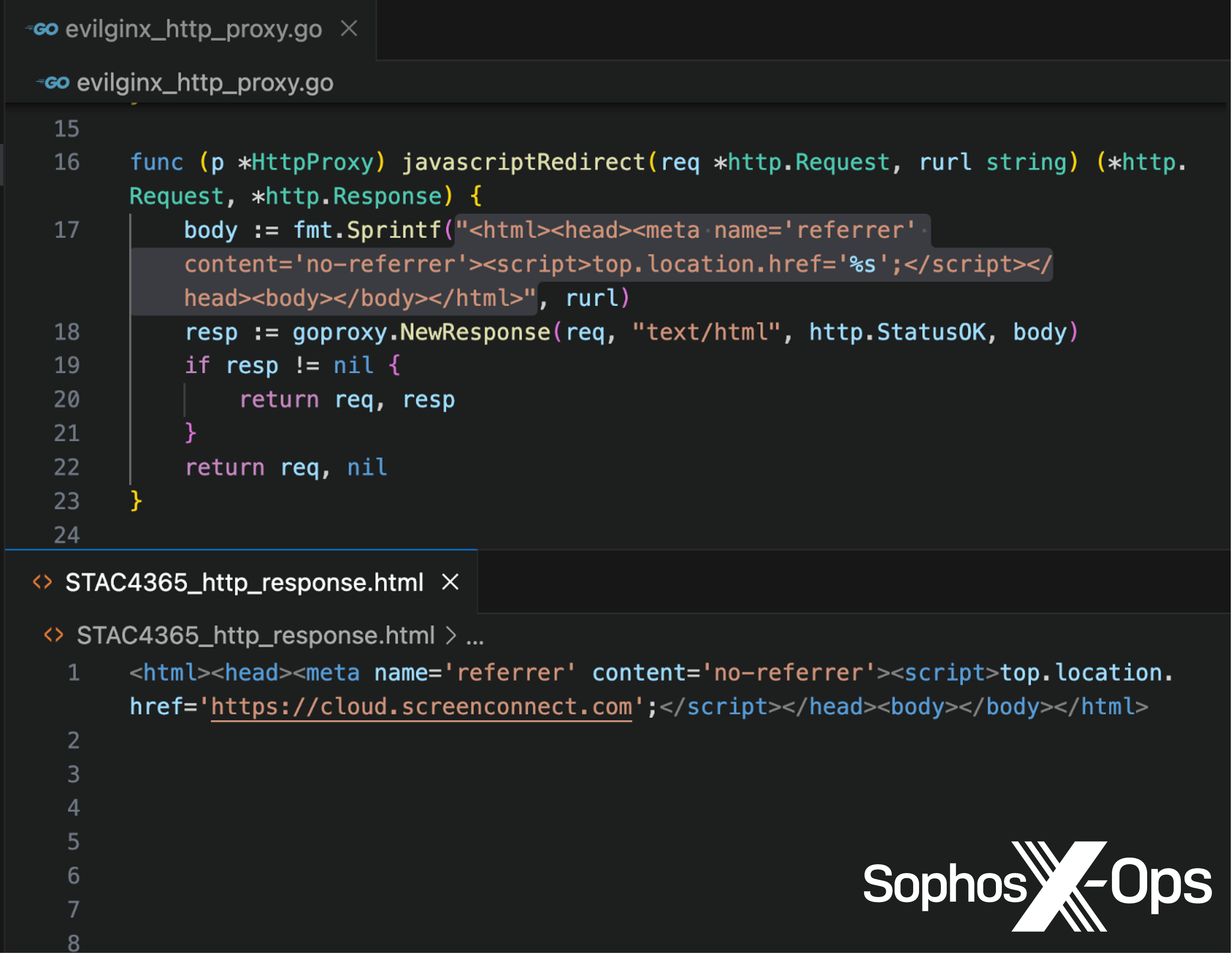 Figure 5: A code display of the evilginx HTTP proxy and of the HTTP response that redirects non-phishing visits to the legitimate site—in this case, ScreenConnect