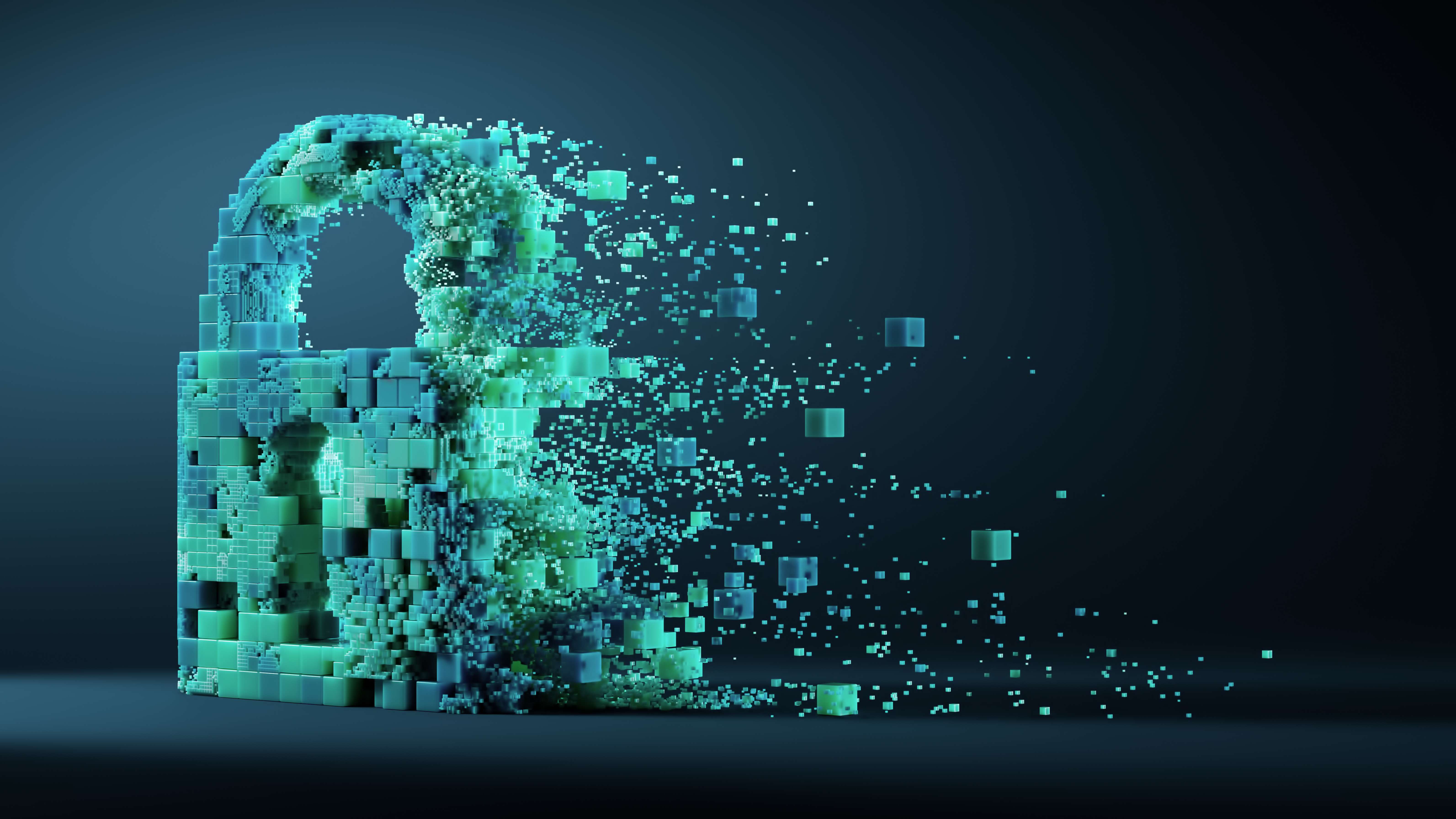 Stock image of a padlock composed of small cubes breaking apart into small pieces
