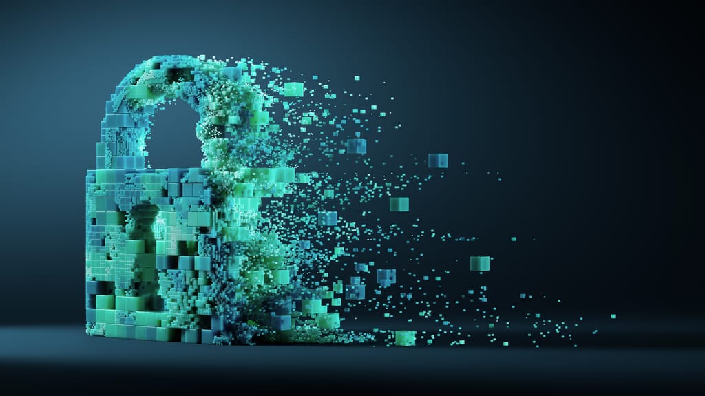 Stock image of a padlock composed of small cubes breaking apart into small pieces Stock image of a padlock composed of small cubes breaking apart into small pieces