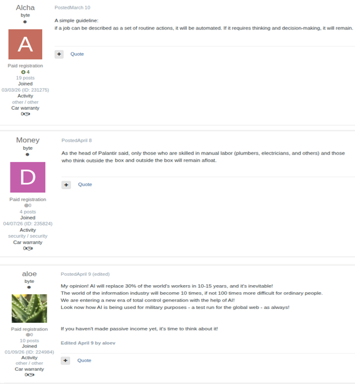 Underground forum posts discussing the implications of AI on various types of jobs