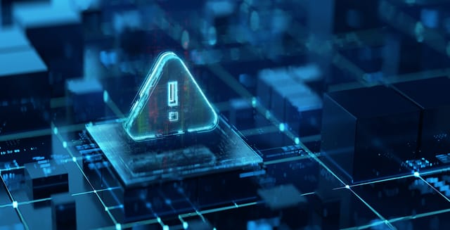 Warning sign on a digital background. An exclamation mark in a triangle shape as an alert of a computer virus, malware, or a hacker's DDoS attack. Warning sign on a digital background. An exclamation mark in a triangle shape as an alert of a computer virus, malware, or a hacker's DDoS attack.