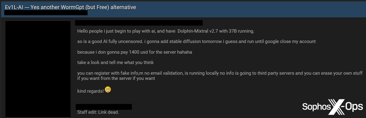 A screenshot from a criminal forum