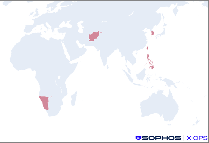 World map highlighting regions impacted by BRONZE SANDCASTLE between August 2025 and August 2026