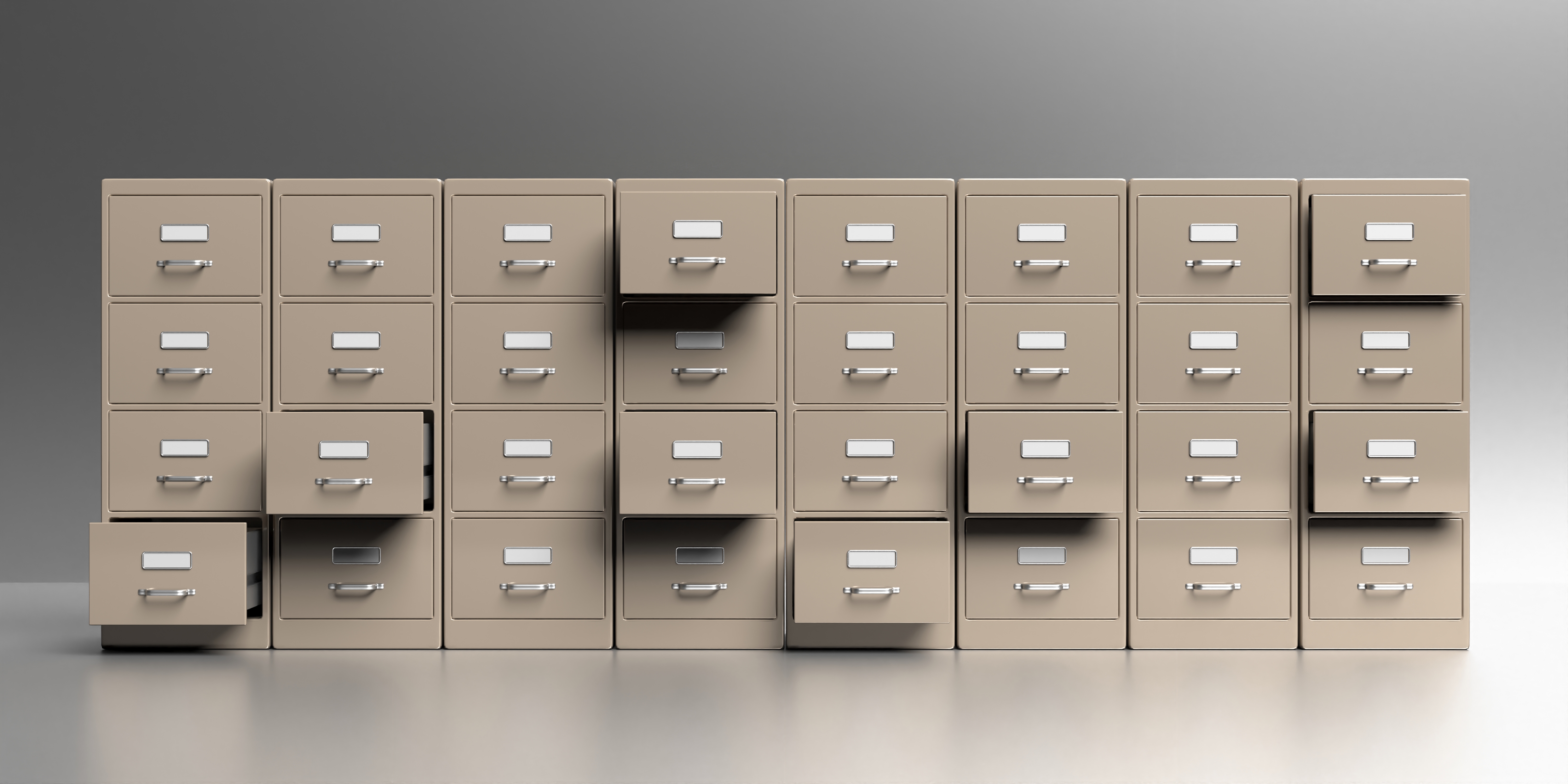 Office,Filing,Cabinets,With,Open,Drawer,In,A,Gray,Wall